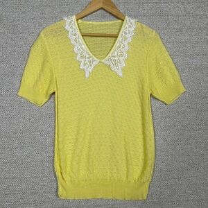 Vtg Yellow Short Sleeve Sweater Sz S Lace Peter Pan Coquette‎ Cottage Twee